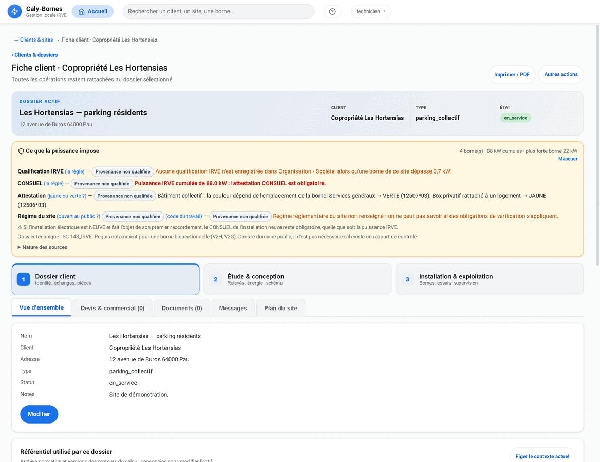 Fiche client de démonstration dans l’application centrale Caly-Bornes